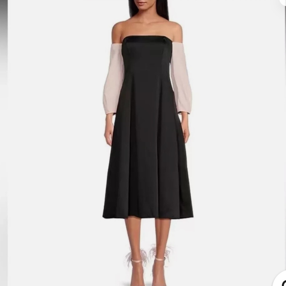 Elegant Off-Shoulder Black Dress with Pink Sleeves